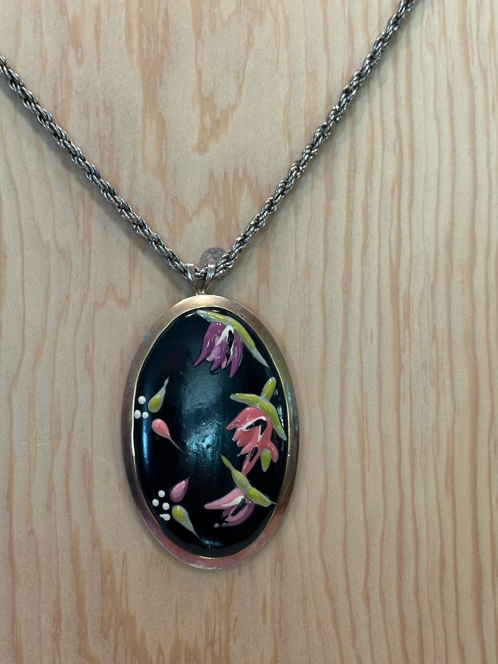 Hand-Painted Black Oval Floral Pendant Necklace with Pink Accents
